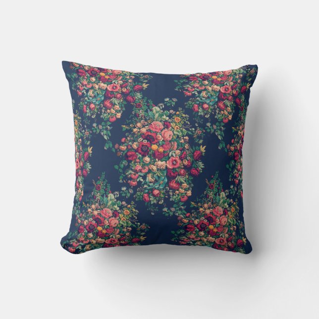 Vintage Roses Classic Blue Colour Rich Damask Cushion (Front)