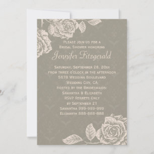 Vintage Roses Cream on Dusty Grey Bridal Shower Invitation