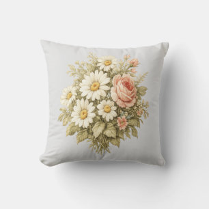 Vintage Roses & Daisies Floral Bouquet  Cushion