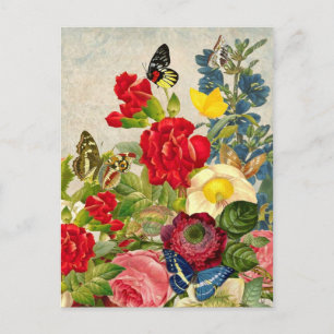 Vintage Roses Flower Butterfly Painting Postcard