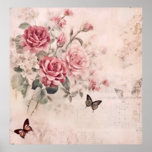 Vintage Roses & Music Notes French Floral Poster