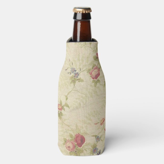 Vintage Roses old distressed fabric pattern Bottle Cooler (Bottle Front)