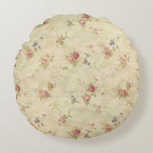 Vintage Roses old distressed fabric pattern Round Cushion