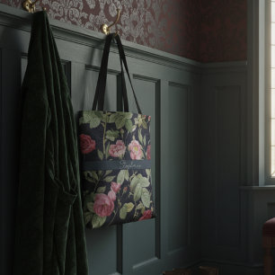 Vintage Roses On A Dark Blue Velvet Design Name Tote Bag