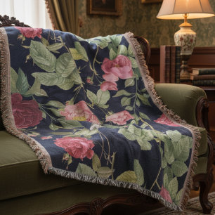 Vintage Roses On A Dark Blue Velvet Design Throw Blanket