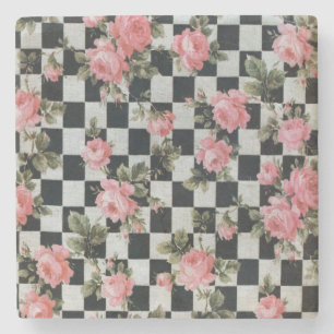 Vintage Roses on Black and White Stone Coaster