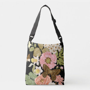 Vintage Roses Peonies: Black Floral Pattern Crossbody Bag