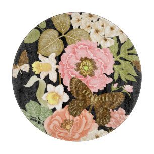 Vintage Roses Peonies: Black Floral Pattern Cutting Board