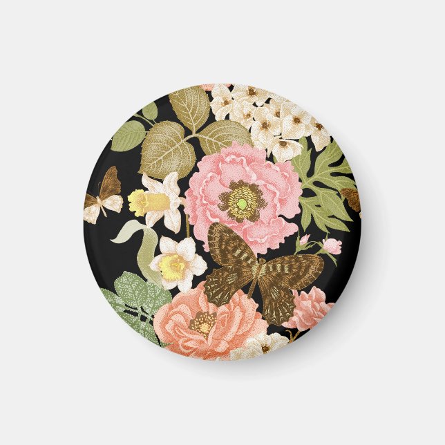 Vintage Roses Peonies: Black Floral Pattern Magnet (Front)