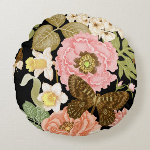 Vintage Roses Peonies: Black Floral Pattern Round Cushion