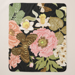 Vintage Roses Peonies: Black Floral Pattern Sherpa Blanket