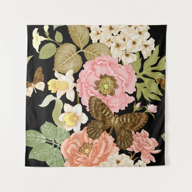 Vintage Roses Peonies: Black Floral Pattern Tapestry (Front)