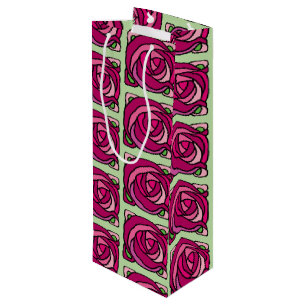 Vintage Roses Pink and Green floral pattern Wine Gift Bag
