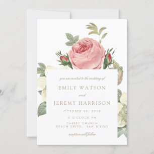 Vintage Roses Pink and White Wedding Invitation