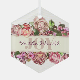 Vintage Roses Pretty Joy to the World Personalised Glass Tree Decoration