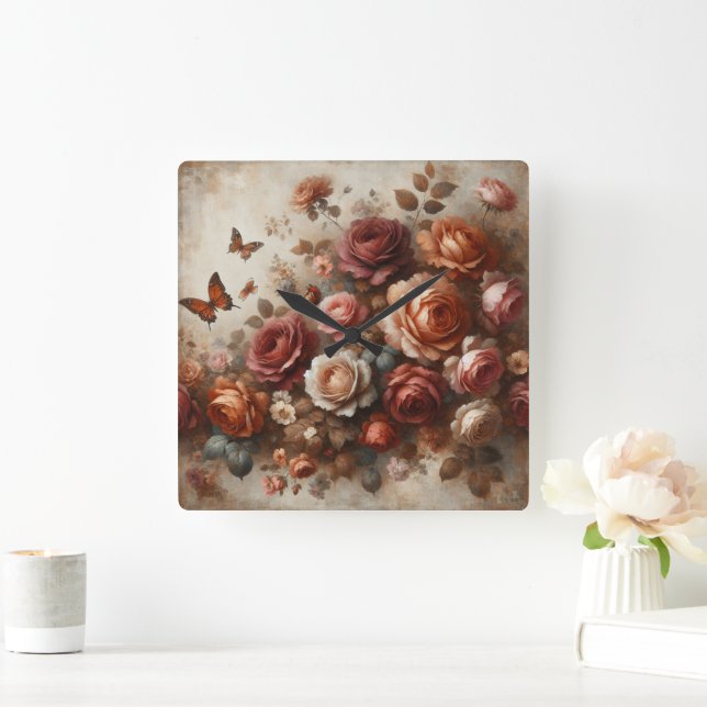 Vintage Roses with Butterflies Square Wall Clock (Home)