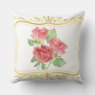 vintage roses with gold frame floral design cushion