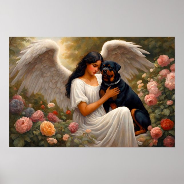 Vintage Rottweiler Angel Dog Art  Poster (Front)