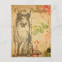 Vintage Rough Collie Dog Floral Flowers French