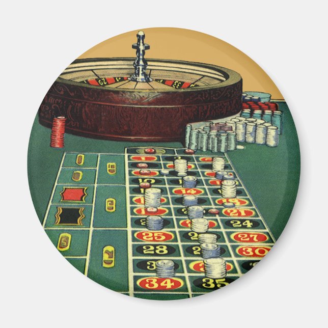 Vintage Roulette Table Casino Game, Gambling Chips Magnet (Front)