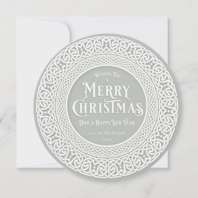 Vintage Round GrayGreen + Off White Celtic Holiday Card (Front)