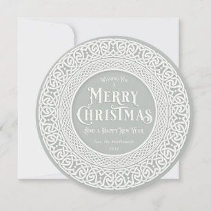 Vintage Round GrayGreen + Off White Celtic Holiday Card