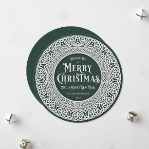 Vintage Round Green + Off White Celtic Holiday Card