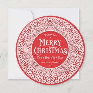 Vintage Round Red + Off White Celtic Holiday Card