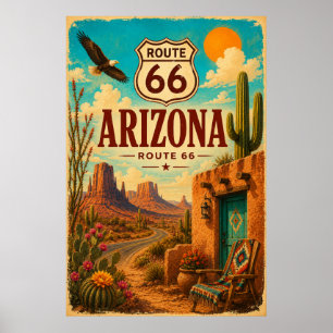 Vintage Route 66 Arizona Desert Cactus Art Poster