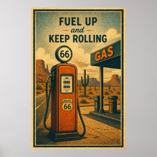 Vintage Route 66 Gas Station Desert Landscape Poster
