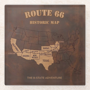 Vintage Route 66 Historic Map Adventure Glass Coaster