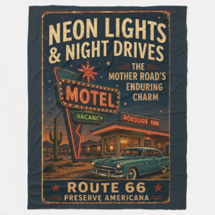 Vintage Route 66 Neon Motel Night Drive Fleece Blanket