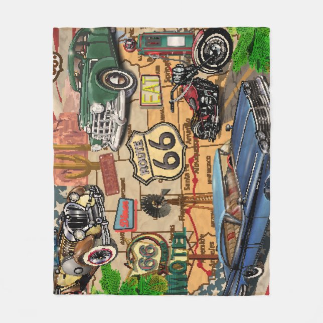 Vintage Route 66, nostalgic poster. Fleece Blanket (Front)
