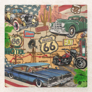 Vintage Route 66, nostalgic poster. Glass Coaster