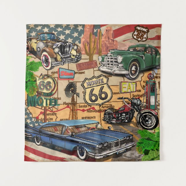 Vintage Route 66, nostalgic poster. Tapestry (Front)