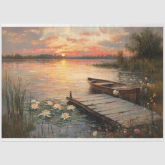 Vintage Rowboat at Sunset Lake Decoupage Tissue Paper