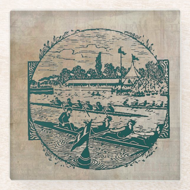 Vintage Rowing Scene Glass Coaster (Front)