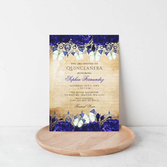 Vintage Royal Blue Floral Butterfly Quinceañera  Invitation (Vintage Royal Blue Floral Butterfly Quinceañera Invitation)