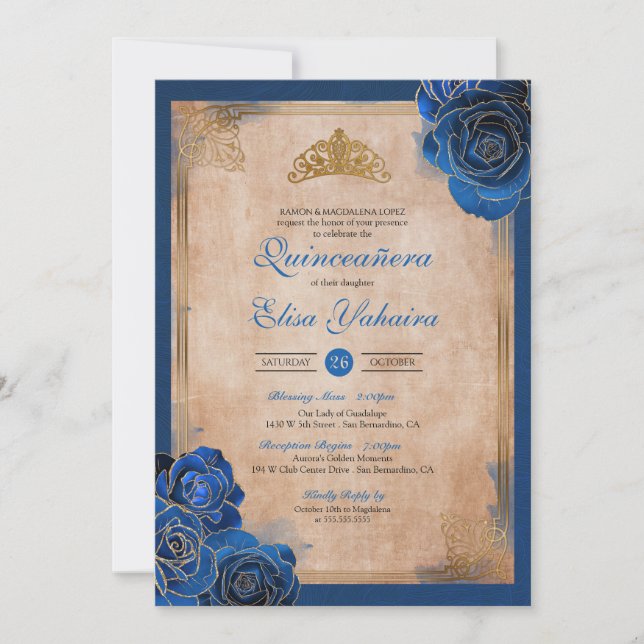 Vintage Royal Blue Gold Roses Royal Quinceanera Invitation (Front)