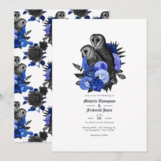 Vintage Royal Blue Owls Gothic Wedding Invitation (Front/Back)