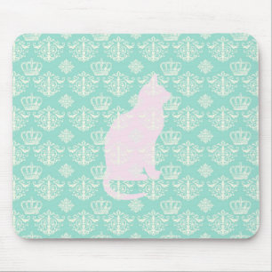 Vintage Royal Teal White Damask Cat Design Pattern Mouse Pad
