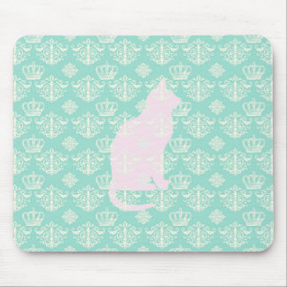 Vintage Royal Teal White Damask Cat Design Pattern Mouse Pad