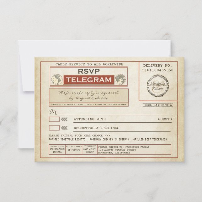 vintage RSVP WEDDING telegrams with meal choice (Front)
