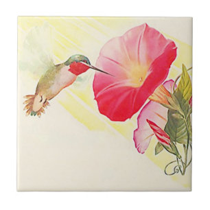 Vintage Ruby Throated Hummingbird Bird Flower Tile