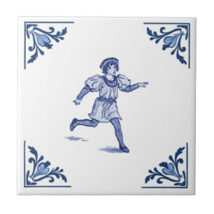 Vintage Running Boy Delft Corner Blue and White Ceramic Tile