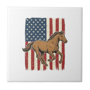 Vintage Running Horse Patriotic Flag Shirt Design_ Ceramic Tile
