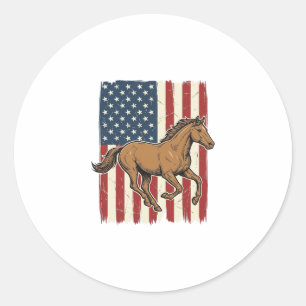 Vintage Running Horse Patriotic Flag Shirt Design_ Classic Round Sticker