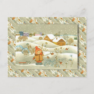Vintage Russian Christmas, Girl with a sledge Holiday Postcard