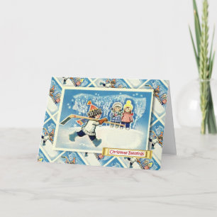 Vintage Russian Christmas, Ice Hockey player Holiday Card