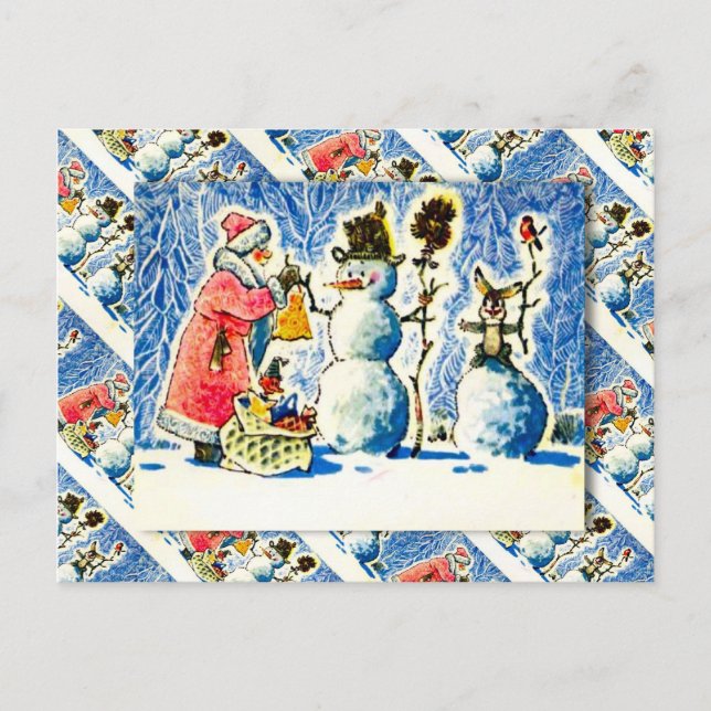 Vintage Russian Christmas, Snowman,  Santa Holiday Postcard (Front)